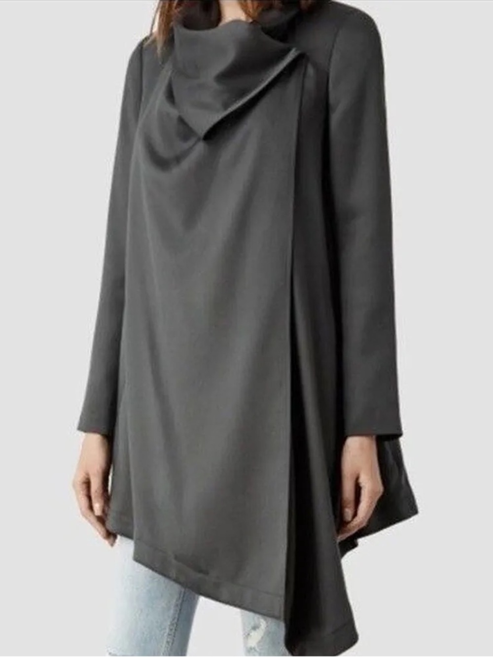 BOBEAU Charcoal Gray Asymmetric Drape Front Crepe Cardi Coat Lagenlook - Size XL